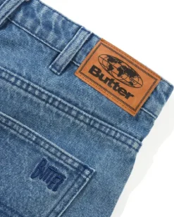 Straight Leg Denim Jeans, Distressed Indigo